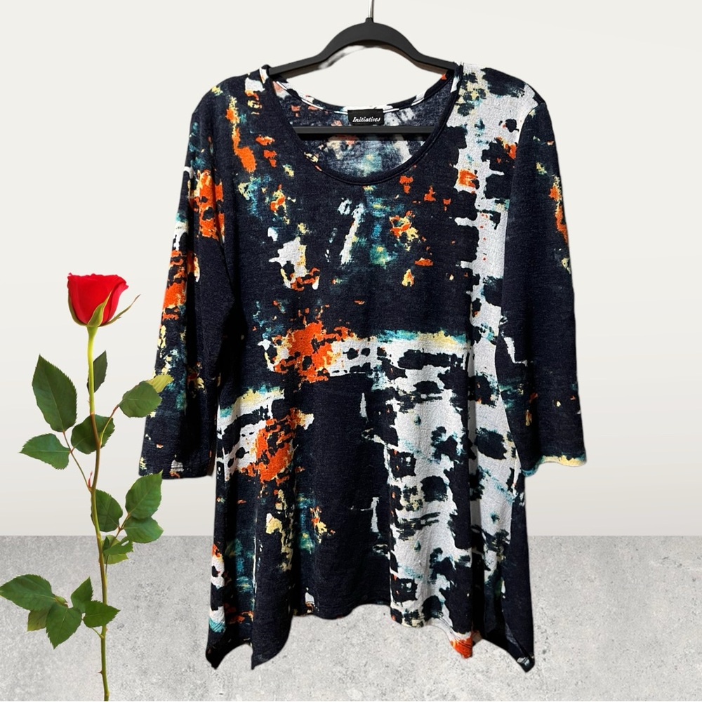 Initiatives Navy/White Tie Dye Knit Tunic Top w/colourful abstract splotches